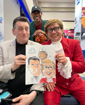 Marty Macaluso Long Island trade show caricatures April 2022 caricatures of celebrity impersonators Austin Powers, Robert De Nero, Tiger Woods