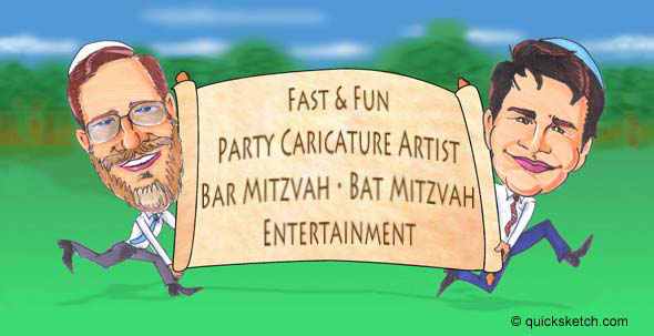 caricatures by Marty Macaluso caricature for Bar Mitzvah Bat Mitzvah invitation Bar Mitzvah boy and his dad running with a scroll Caricature Artists Entertainment caricaturist nyc
