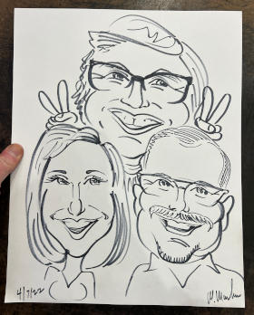 Marty Macaluso Long Island trade show caricatures April 2022 caricatures of couple with Austin Powers impersonator