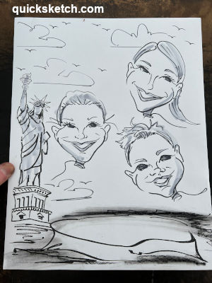 three kids as balloons flying by the Statue of Liberty party characatures by marty macaluso Assorted Caricature Samples Caricature Artist for parties caricaturist ny Caricature Artist on Long Island in Nassau County Suffolk County Party Entertainment for First Birthday Sweet-16 Bar Mitzvah Company Picnic Christmas Parties 10th Birthday First Holy Communions 30th 40th 50th Surprise Parties Bat Mitzvah